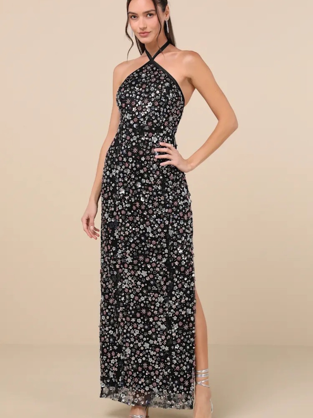 Edalene Black Mesh Sequin Beaded Halter Maxi Dress